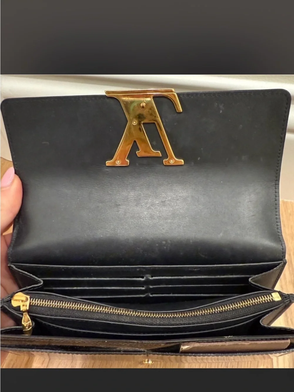 Louis Vuitton Black Patent Leather Clutch with Gold LV Emblem